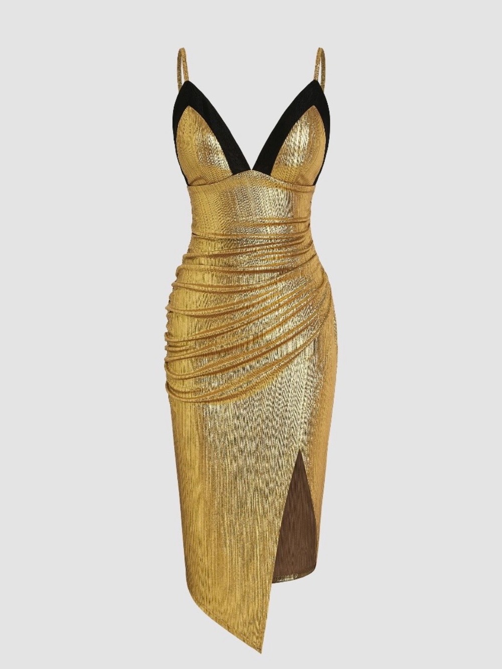 Cider Gold Metallic Midi Dress with Black Trim